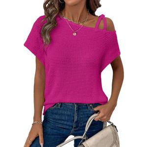 Dokotoo Womens Summer Tops Off One Shoulder Waffle Knit Short Sleeve T-Shirts Casual Lightweight Solid Color Blouses (Large, Rosy)