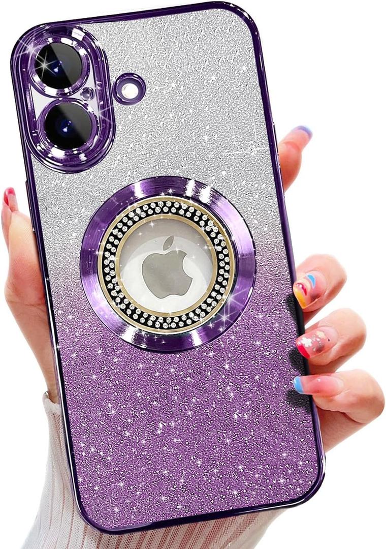 Misscase for iPhone 17 Magnetic Glitter Case Compatible with MagSafe,Full Protection Slim Shockproof Anti-Scratch Case with Camera Lens Protector Plating Bling Dust-Proof Net for Women Purple
