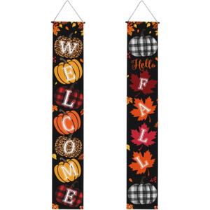 Fall Porch Sign Outdoor Vertical Banner Set Hello Fall & Welcome Double Hanging Decorations Autumn Buffalo Plaid Pumpkin Maple Leaf Theme for Front Door, Porch, Wall  Thanksgiving Decor