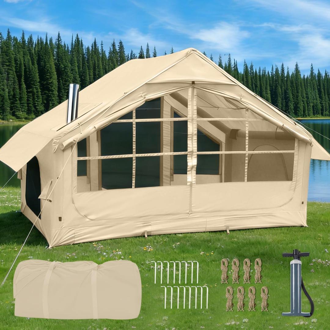 Inflatable Camping Tents, Easy Setup Blow up Tent with Hand Pump, 2-4 Person, Glamping Tents with Stove Jack, Tent with Skylight, Waterproof, 4 Season, 118*87*79"