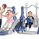 BIERUM 4 in 1 Toddler Slide and Swing Set, Baby Slide for Toddlers Age 1-2, with Basketball Hoop, Indoor Outdoor Toddler Playset Blue