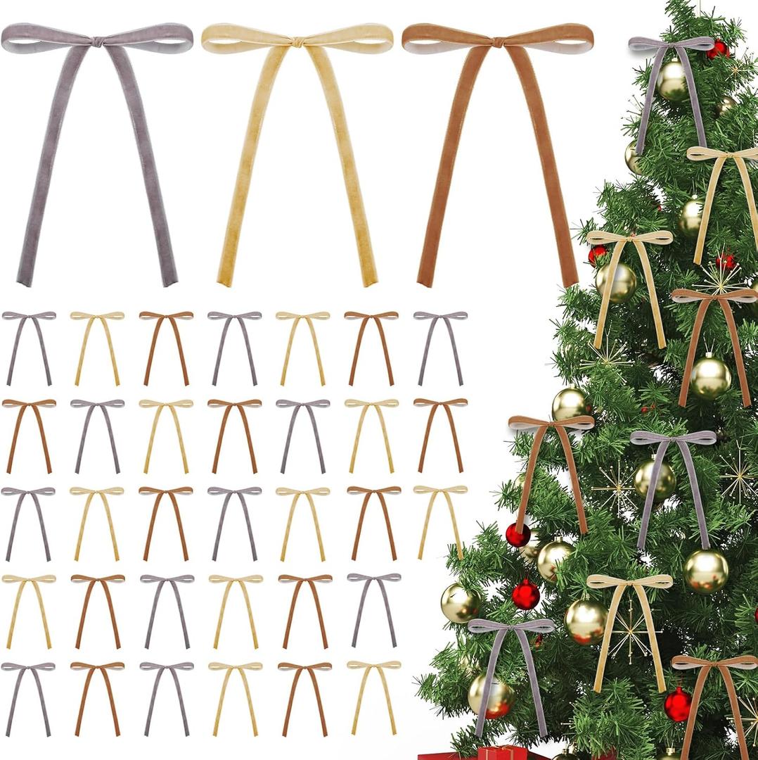36 Pcs Khaki Velvet Bows Christmas Tree Ornaments Premade Brown Beige Vintage Velvet Ribbon Bows Neutral Ornaments for Tree Garland Wreath Indoor Xmas Decorations, Width of 3/8"
