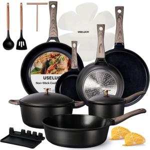 21Pcs Pots and Pans Set with Aluminum Lid, Nonstick Ti-Ceramic Cookware Sets, Induction Cookware Non Stick Cooking Set w/Frying Pans & Saucepans (PFOS, PFOA Free)-Black