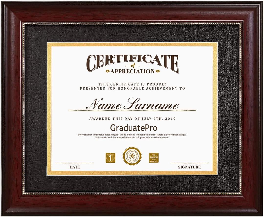 GraduatePro 8.5x11 Diploma Frame with Black Over Gold Mat or Display 11x14 Document without Mat, CPA License Frame, UV Protection Acrylic, Mahogany with Gold Beads