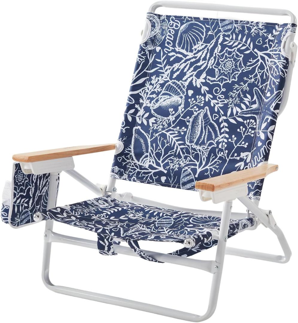 5-Position Low Beach Chair, Portable Lightweight Folding Beach Chair with Wooden Armrests, Storage Pouch & Carry Strap, Coastal Beach Print Reef Indigo
