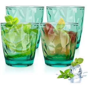 Topsky 10 oz Plastic Water Tumblers | Set of 4 Transparent Unbreakable Drinking Glasses Clear Acrylic Reusable Juice Wine Cups for Home Picnic Party, Dishwasher Safe, Stackable (Light Green)