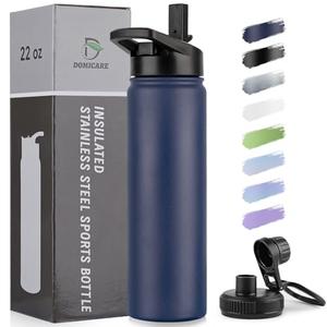 DOMICARE Insulated Water Bottle, 22 oz Vacuum Insulated Stainless Steel Reusable Sports Bottle with Straw Lid & Spout Lid for Travel, Camping, Bike, Leakproof, Navy Blue, 1 Pack