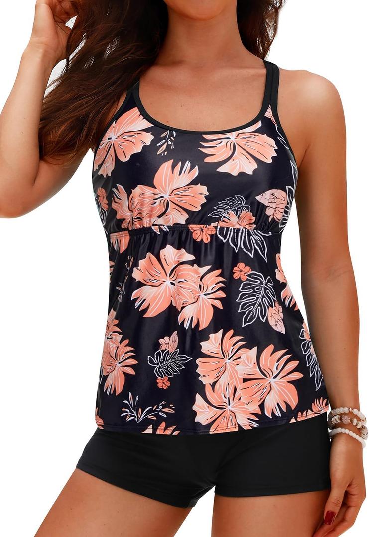 Yonique Two Piece Tankini Swimsuits for Women with Shorts Tummy Control Bathing Suits Athletic Swimwear (X-Small, Black and Orange Floral)