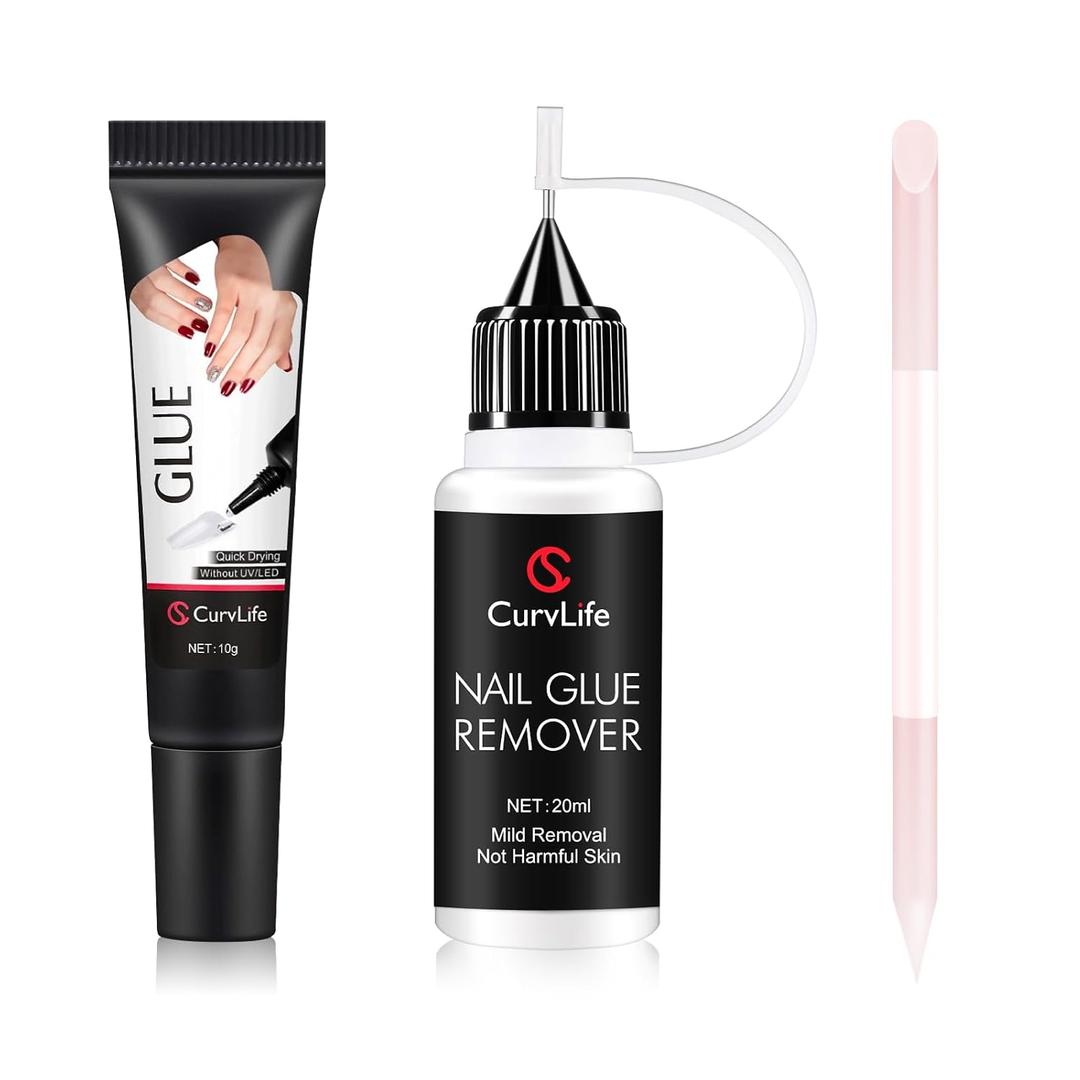 Curvlife 10g Semi Solid Nail Glue Gel and 20ml Pinpoint Nail Glue Remover Kit for Press On Nails, Cuticle Pusher with Czech Glass File & for Flawless Application & Removal