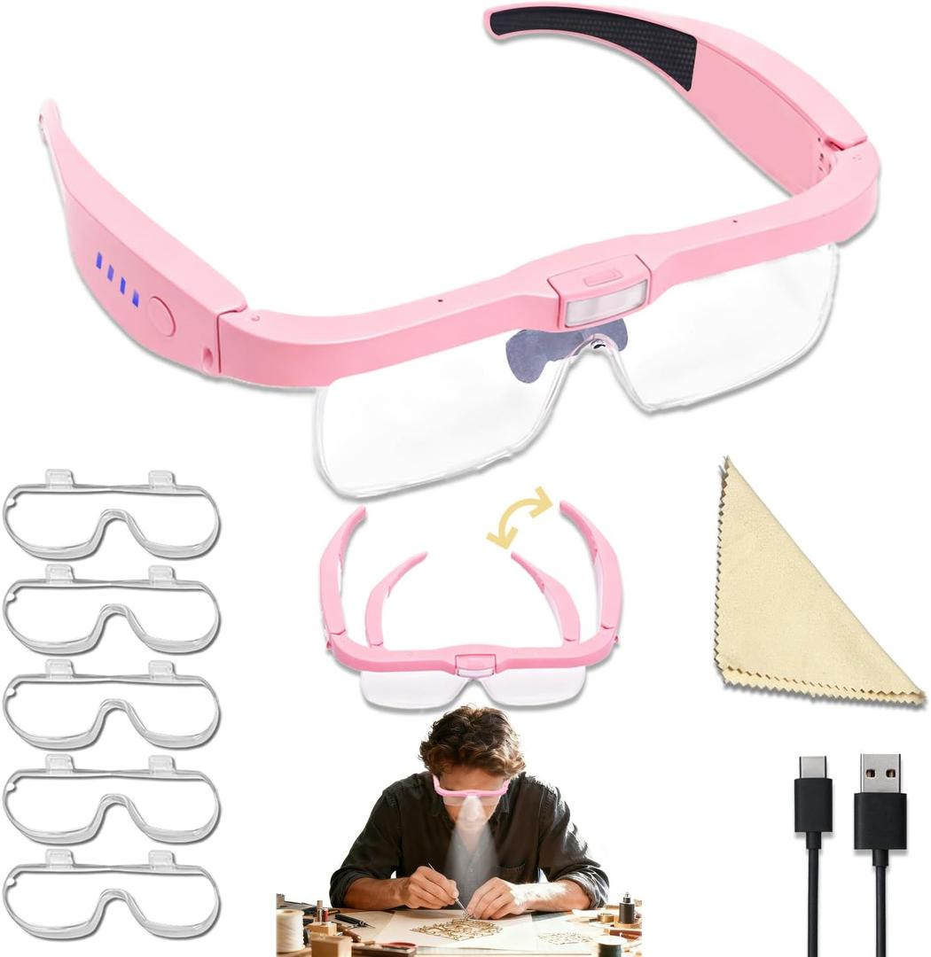 Professional Magnifying Glasses Headset with 5 Detachable Lenses 0.75X-4.0X & 3 LED Lights, Rechargeable Hands-Free Headband Magnifier for Close Work, Jewelry Crafts Hobby (Pink)