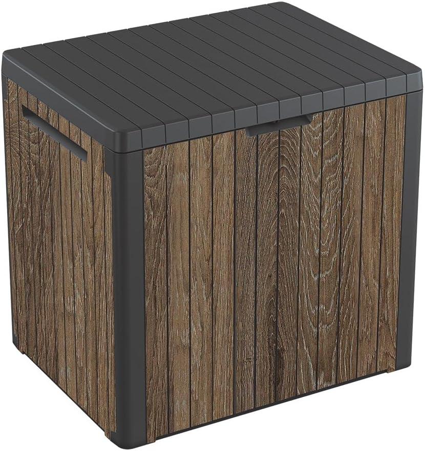 Keter Signature Everwood 30 Gallon Resin Outdoor Storage Box and Patio Furniture Side Table for Pool and Garden Accessories, Walnut, 22.7"L x 17.3"W x 21.57"H