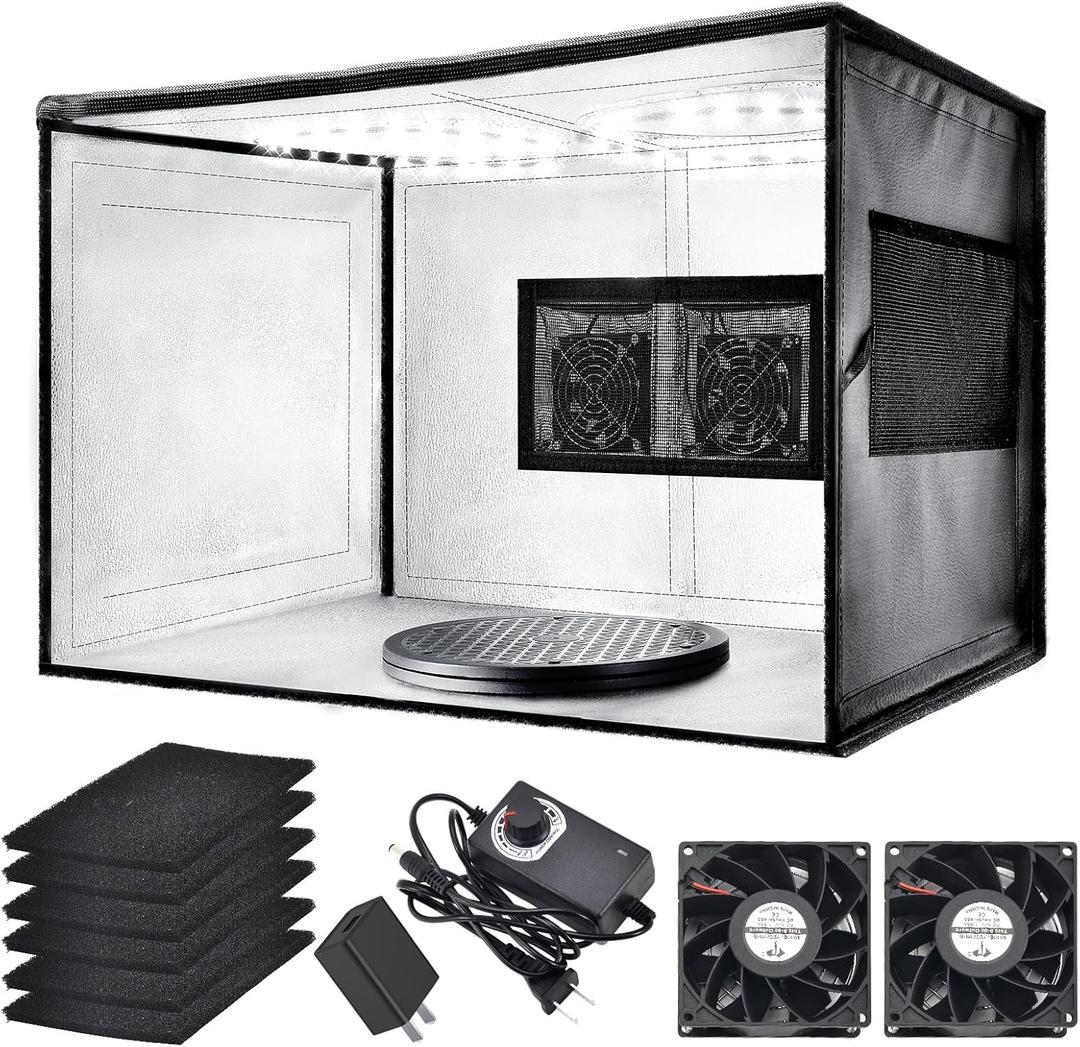 Airbrush Spray Booth with Dual Exhaust Fans,Portable Airbrush Paint Booth for Airbrushing,2 Round Led Lights with 360 Coverage,Turntable and Extension Hose,Hobby Spray Booth Kit for Painting Model