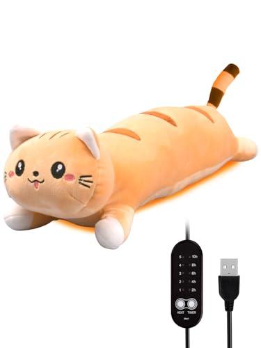 20" Brown Cat Heating Pad for Period Cramps USB Portable Electric 5 Heat Settings 5 Timer Modes Auto Shut Off Plush Stuffed Animal Warmer for Neck Back Pain Relax for Women Kids