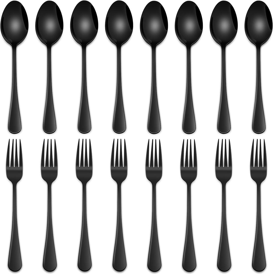 6.7 Inch Spoons And Forks Silverware Set of 16, Black Stainless Steel Salad Fork And Teaspoon Set, Small Metal Spoon And Fork Eating Utensils Set