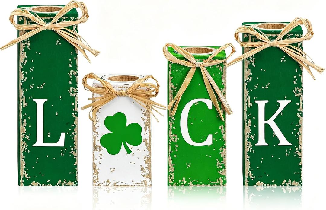 MTLEE 4 Pcs St Patricks Day Votive Candle Holders Wood Tealights Wooden Candles Shamrock Centerpiece Table Decorations for St Patricks Day Home Decor