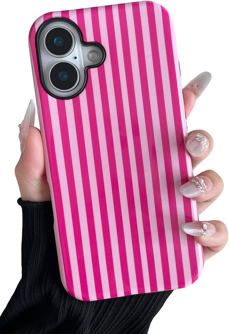 Longlayss Compatible with iPhone 16 Plus Case Cute Aesthetic Striped Phone Case for Women Girl Shockproof Slim TPU and Hard PC Protective Cover (Hot Pink)