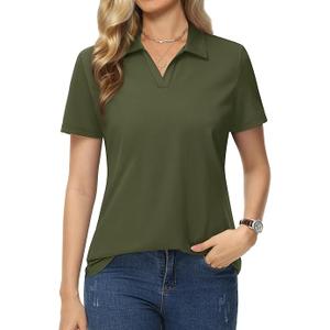 TACVASEN Women's Polo Shirts V Neck Short Sleeve Collared Golf Shirt Wicking Lightweight Casual Polos Tops (Large, Khaki)