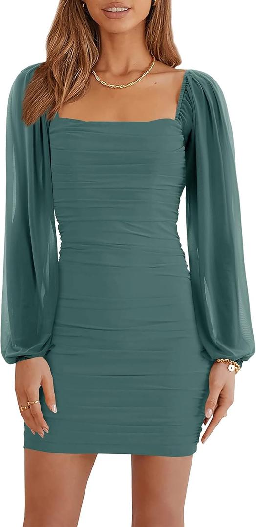 Wenrine Women's Mesh Long Sleeve Square Neck Ruched Party Club Cocktail Bodycon Mini Dress, XS