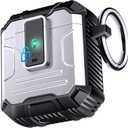 AirPods 1/2 Case with Lock & Carabiner, 360° Military-Grade Shockproof Cover, 1-Click Magnetic Lock Open, Secure Clip for Running, Hiking, Outdoor Travel-Silver