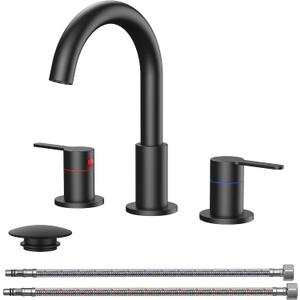 QFN Matte Black Bathroom Faucets 3 Hole, 8 Inch Widespread Vanity Sink Faucet with Aerator, 2 Handle 360 Swivel High Arc Spout, Spot-Free Finish, cUPC NSF Certified and CEC & DOE Compliant