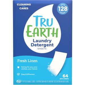 Tru Earth Compact Dry Laundry Detergent - Up to 128 Loads (64 Sheets) - Paraben-Free - Original Eco-Strip Liquidless Detergent, Travel - Fresh Linen 