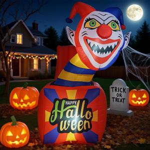 Tangkula 5 Ft Halloween Inflatable Clown, Blow up Circus Clown Box Decoration with LED Lights, Ground Stakes, Lighted Holiday Yard Decoration for Indoor, Outdoor Porch, Lawn, Garden