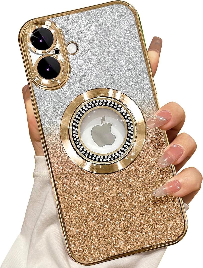 Misscase for iPhone 16 Magnetic Glitter Case Compatible with MagSafe,Full Protection Slim Shockproof Anti-Scratch Case with Camera Lens Protector Logo View Dust-Proof Net for Women Gold (iPhone 16 (6.1"))