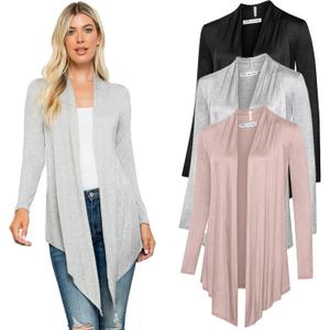 Free to Live 3 Pack Long Sleeve Cardigan for Women Open Front Dressy Casual Fall Draped Lightweight Sweaters Cover Up Shrugs (X-Large, Black, Heather Grey, Mocha)