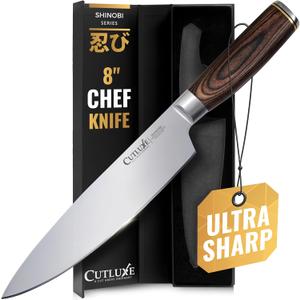 Cutluxe Chef Knife  Ultra Sharp 8" Japanese Kitchen Knife, High Carbon Stainless Steel Blade, Full Tang Pakkawood Handle  Shinobi Series (Brown)