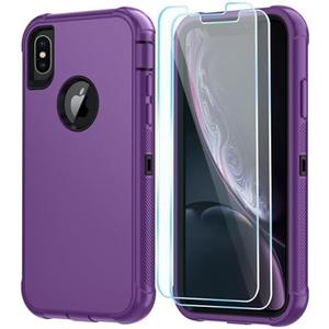 SunStory Compatible with iPhone Xs/X Case with HD Screen Protector, 3-Layer Heavy Duty Full-Body Cover,3 in 1 Hybrid Protective Case for iPhone Xs/X 5.8",Purple