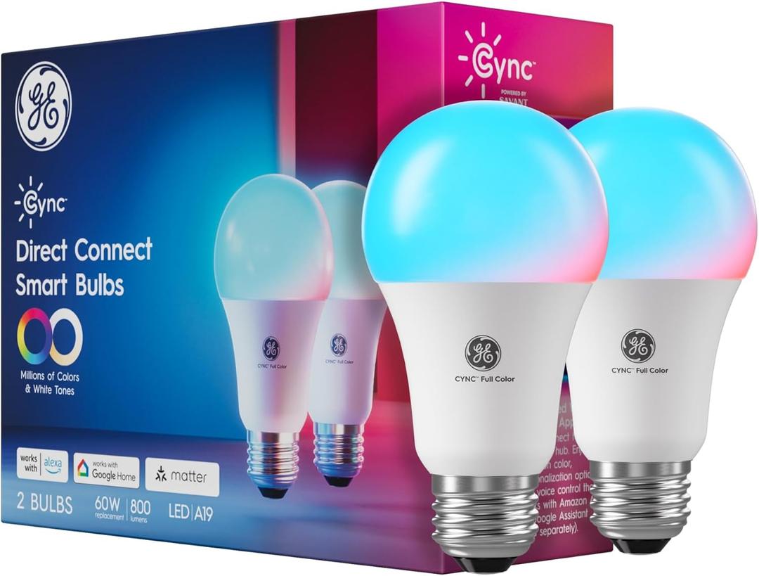 Cync GE A19 Smart LED Light Bulbs, Room Decor Aesthetic Color Changing WiFi Lights, LED Indoor Light Bulb, Compatible with Alexa and Google (2 Pack)