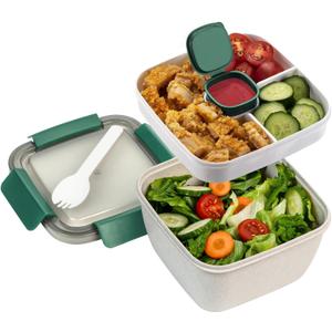 Freshmage Salad Lunch Container To Go, 52-oz Salad Bowls with 3 Compartments, Salad Dressings Container for Salad Toppings, Snacks, Men, Women (Straw White)