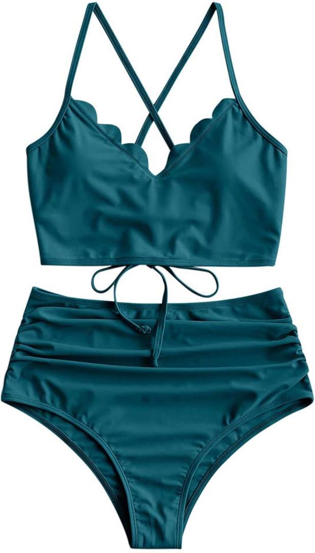 ZAFUL Women's Ruched High Waisted Tankini Swimsuit Criss Cross Bikini Set Tummy Control Bathing Suit (Deep Green, Large)