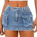 Women Denim Cargo Skirt Mini Low Waist Button Bodycon Y2K Flap Pockets Skirts Size L