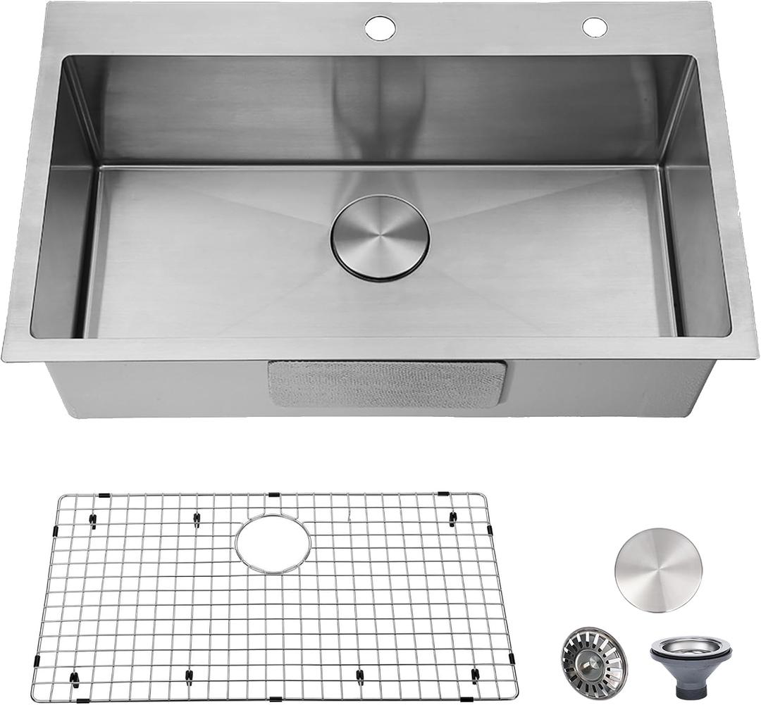 30 inch Drop in Kitchen Sink, Topmount Single Bowl 304 Stainless Steel Handmade Satin Finish Kitchen Sinks with Dish Grid and Strainer, 30*18*9 inch