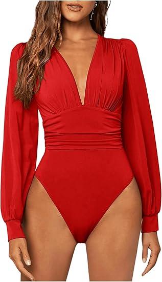 GORGLITTER Women's Sexy Ruched Deep V Neck Long Sleeve Bodysuit Plunging Neckline Leotard Shirts (Red S)