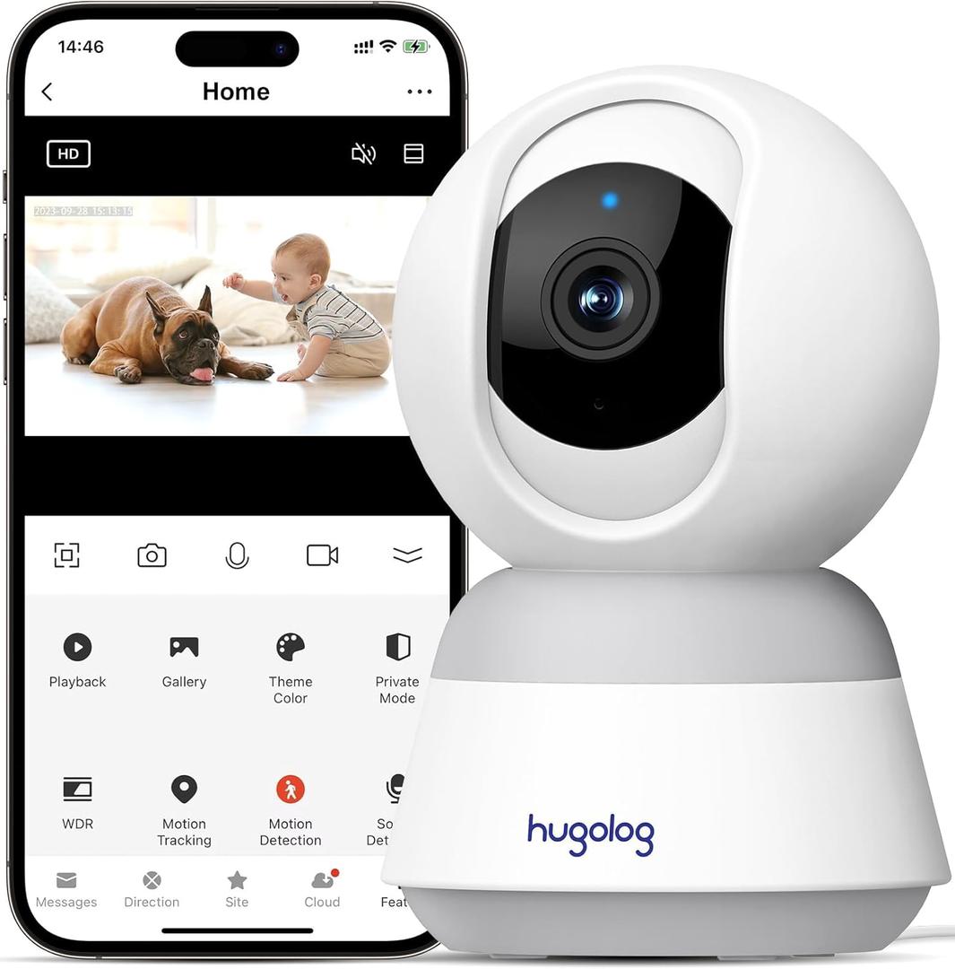 Hugolog 3K 5MP Indoor Pan/Tilt Security Camera with Auto-Focus, Ideal for Baby Monitor/Pet Camera/Home Security, Starlight Color Night Vision, Human/Pet AI, Noise Reduction, US Cloud, Works with Alexa (White)