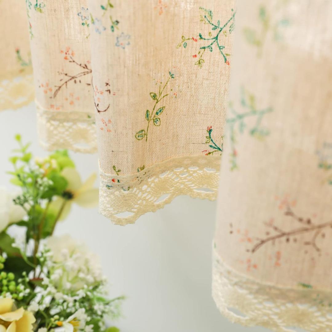Elegant Grass Floral Curtain French Farmhouse Style Cotton Linen Drapes with Lace Edging Living Room Balcony Decoration Beige 56" W x 86.6" L 1 Piece