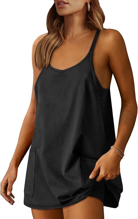 Women Athletic Dress Summer Tennis Workout Active Sports Mini Romper Dress Built in Shorts Travel Vacation Clothes Black XS