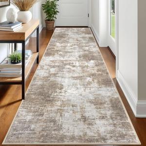 IOHOUZE Abstract Runner Rug 3x12 Ft Washable Runners for Hallways, Non Slip Kitchen Runner Printed Faux Wool Entryway Runner Indoor, Modern Abstract Floor Carpet for Hall Kitchen, Beige Brown 