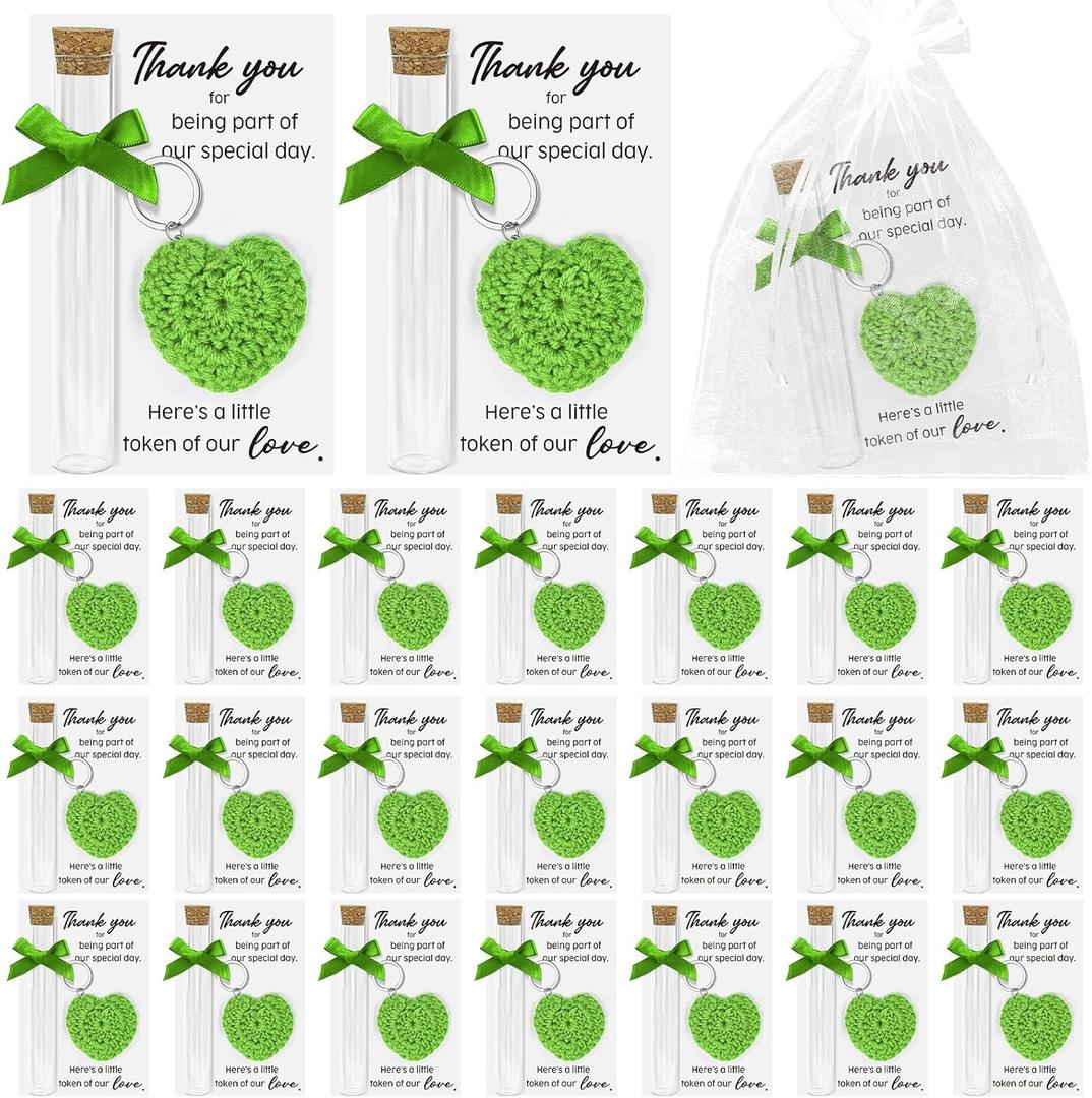50 Set Wedding Favors for Guests Crochet Heart Keychain Bulk with Glass Jars Thank You Cards Organza Bags Handmade Bridal Shower Bachelorette Party Gift Souvenirs