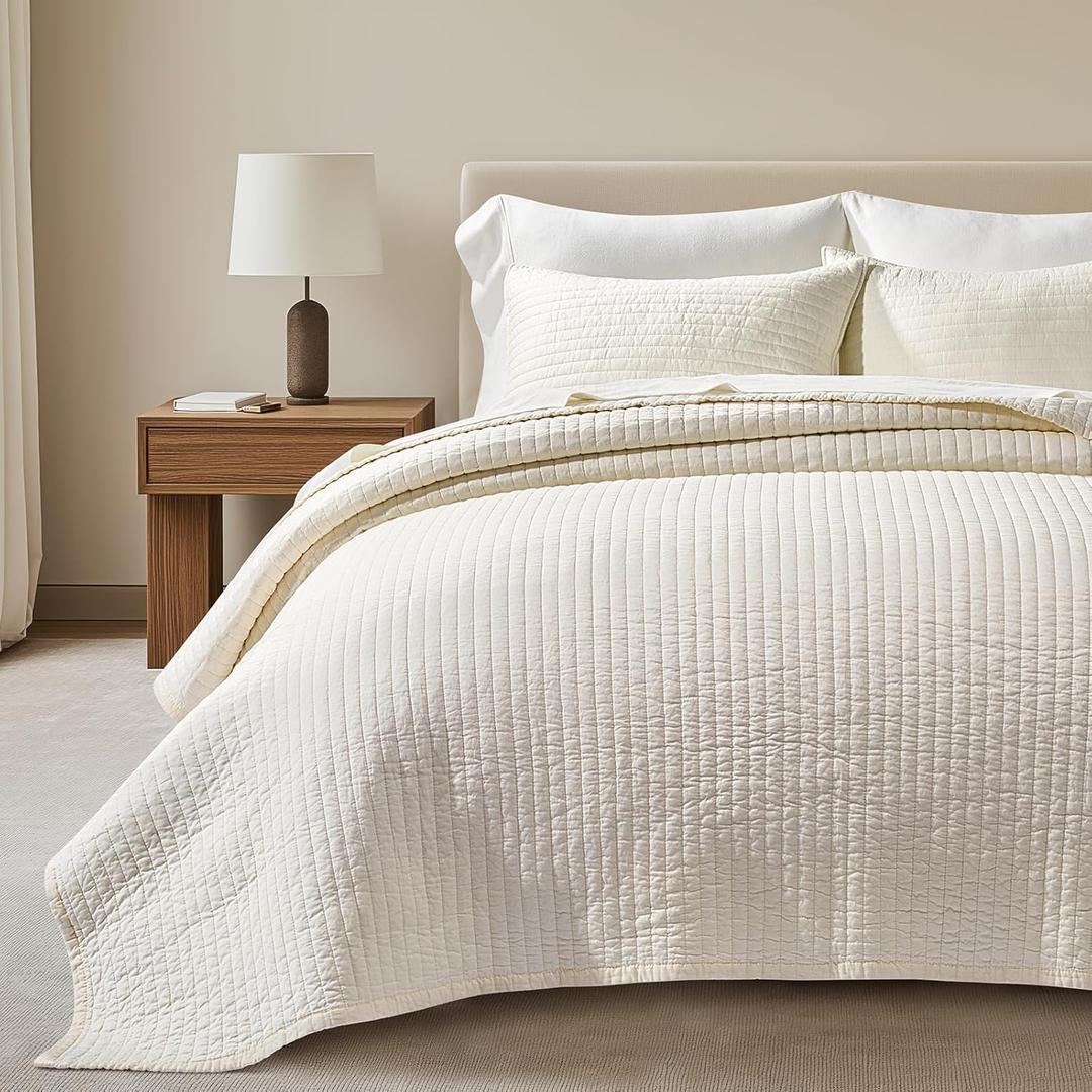 EVERGRACEHOME Cotton Sateen Quilt Set Queen Size, Pre-Washed Cotton Channel Stitch Coverlet Bedspread, 3 Pieces Lightweight Soft Bedding Sets for All Season, with 2 Pillow Shams, Cream (Full/Queen (92" x 96"), Cream (Subtle Yellow Hues))