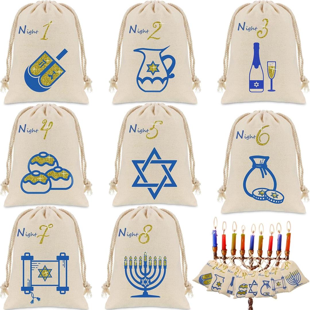 Kigeli 8 Pieces 8 Nights of Hanukkah Gift Bags Hanukkah Countdown Drawstring Burlap Bags Chanukah Reusable Drawstring Gift Bags Festival of Lights Linen Treat Goodie Bags Hanukkah Party Gifts