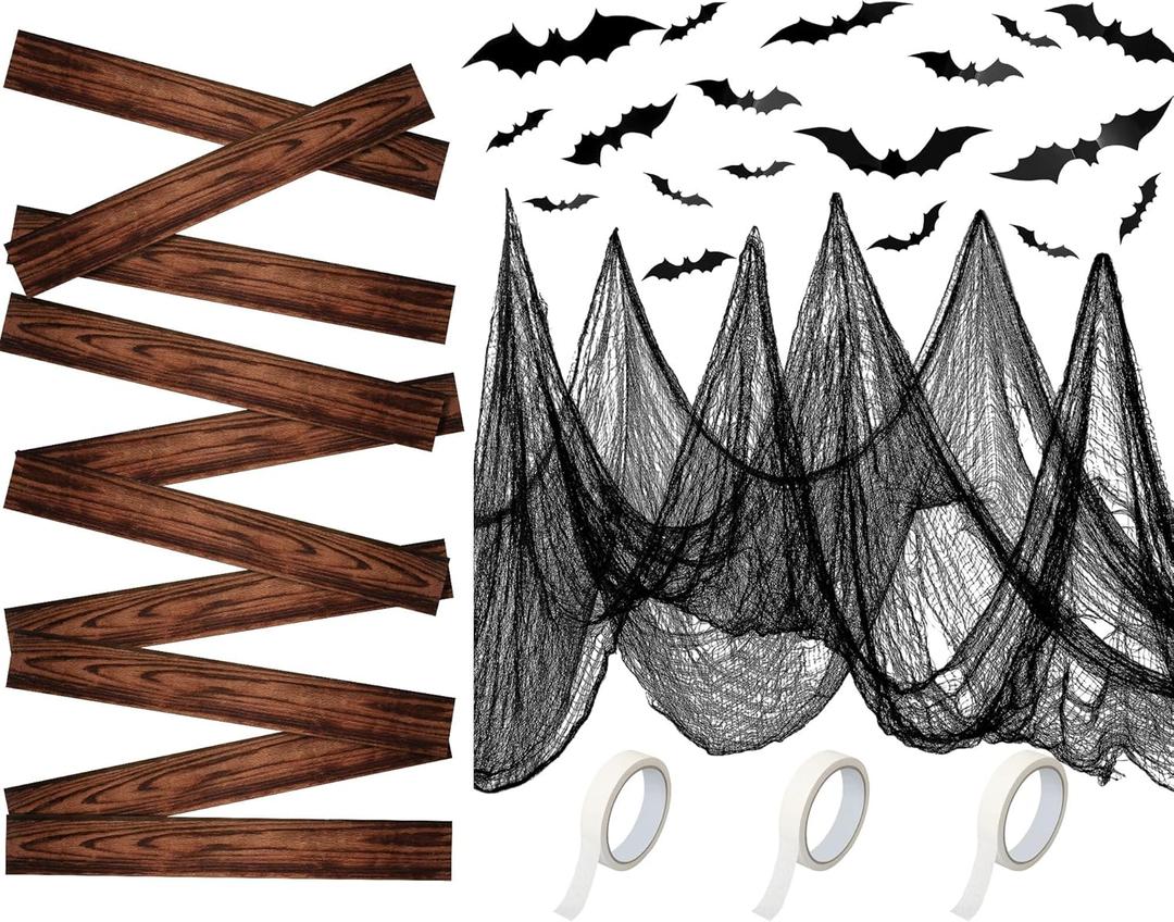 Pinkunn 70 Pcs Halloween Creepy Cloth Set 33 x 7 ft Halloween Horror Fabric Party Decoration Set 3D Bat Wall Stickers Decor Masking Tape Holiday Outdoor Indoor Windows Scene