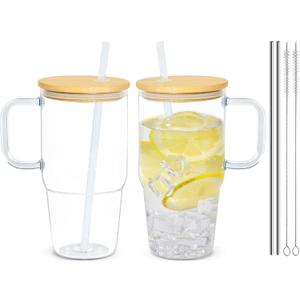 20oz Plastic Tumbler with Handle, 2Pack Clear Tumblers with Lid and Straw, Iced Coffee Cup with Bamboo lids for Cold Drinks, Coffee, Soda, Tea, Milk, Juice