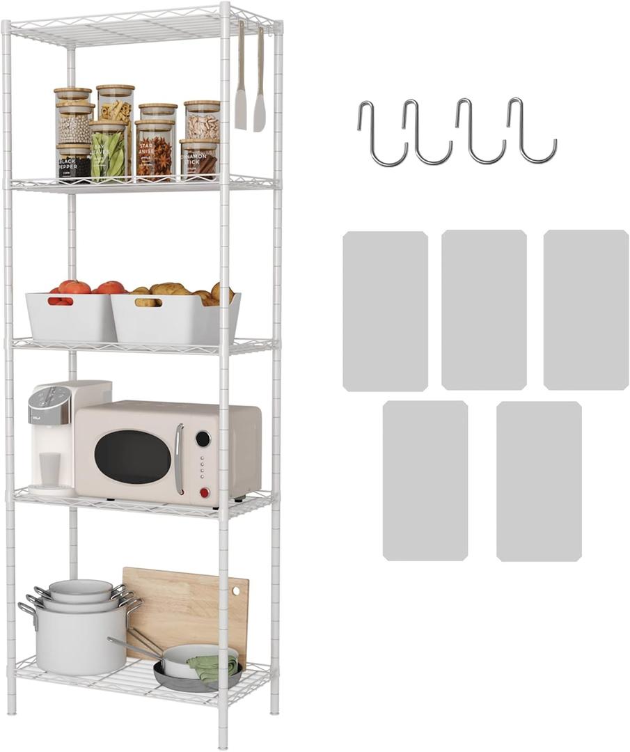 HOMEFORT 5-Shelving Unit, Adjustable Wire Shelving, Metal Wire Shelf with Shelf Liners and Hooks for Kitchen, Closet, Bathroom, Laundry, White,21" W x 11" D x 59" H
