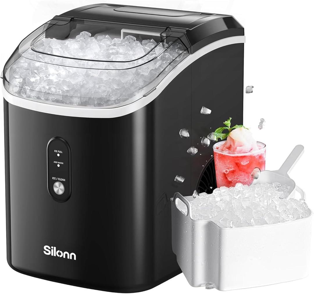 Nugget Ice Maker Countertop, Silonn Chewable Pellet Ice Machine with Self-Cleanin Function, 33lbs/ 24H Portable Ice Makers for Home Kitchen Officce, Black
