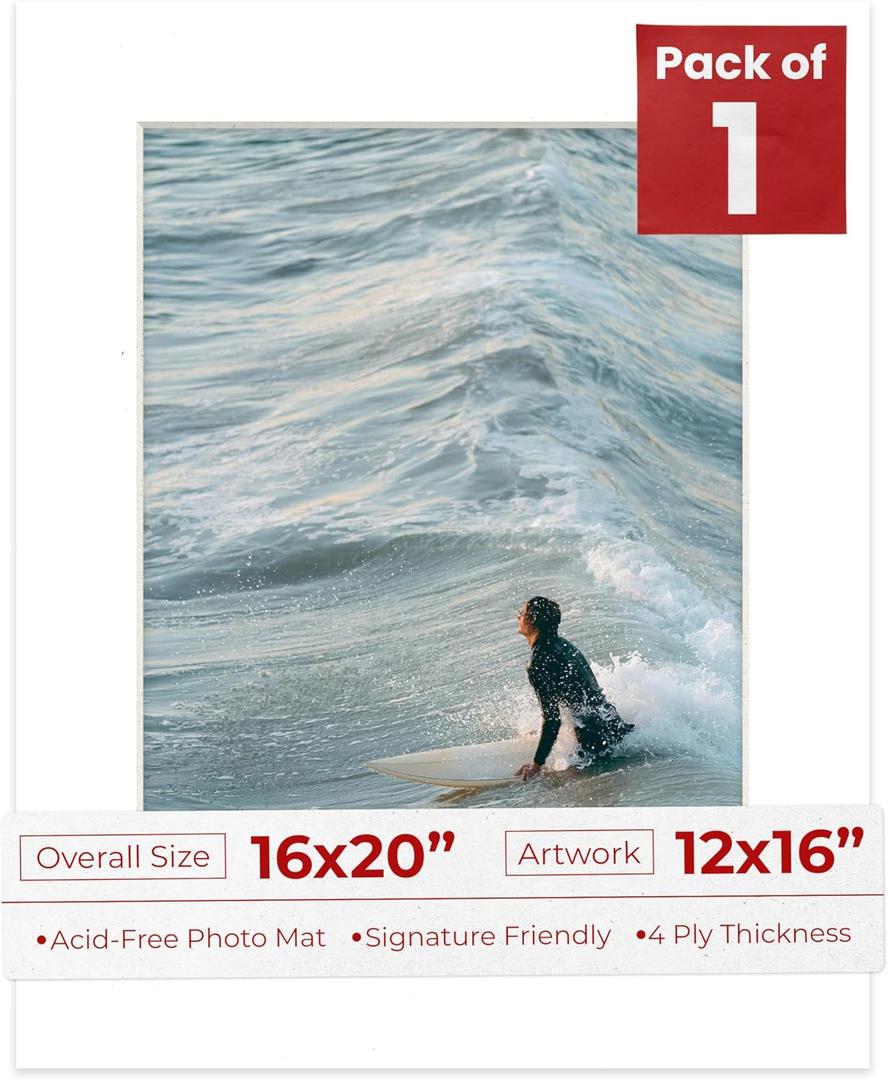 12x16 Mat for 16x20 Frame - Precut Mat Board Acid-Free White 12x16 Photo Matte Made to Fit a 16x20 Picture Frame, Premium Matboard for Family Photos, Show Kits, Art, Picture Framing, Pack of 1 Mat