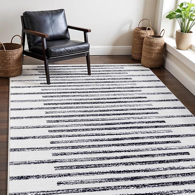 Carvapet 4x6 Black and White Rugs for Living Room Bedroom Dorm, Washable Low Pile Striped Carpet with Rubber Backing, Foldable, Non Slip Thin Area Rug