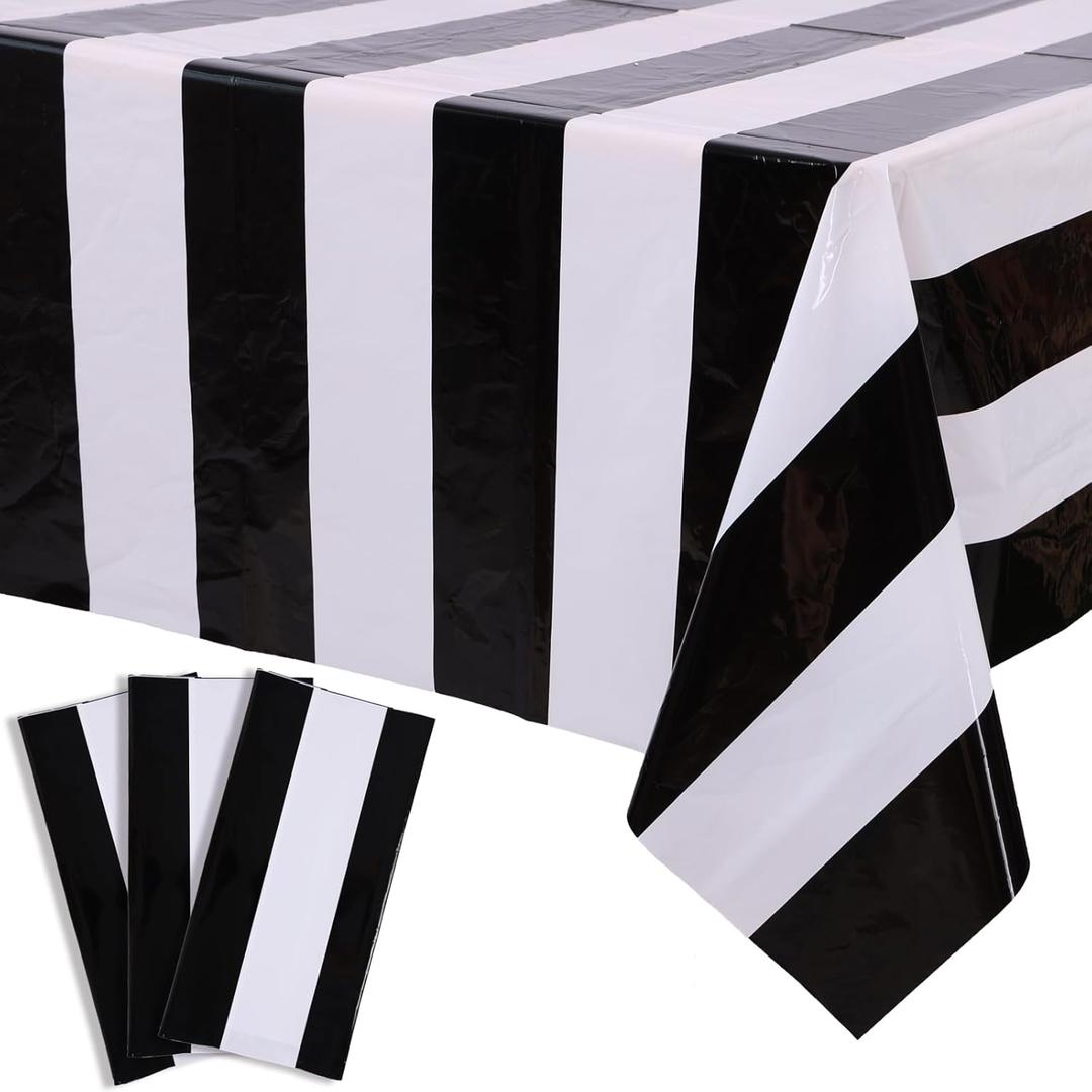 Kesfey 3 Packs Black and White Horizontal Striped Table Cloth 54 x 108 Inch Classic Black Stripe Tablecloths Disposable Plastic Stripe Table Covers Waterproof Picnic Tablecover for Camping Party